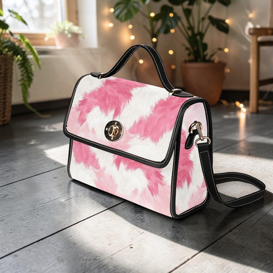 Pink Cow Print Crossbody Bag, Kawaii Pastel Faux Fur Purse