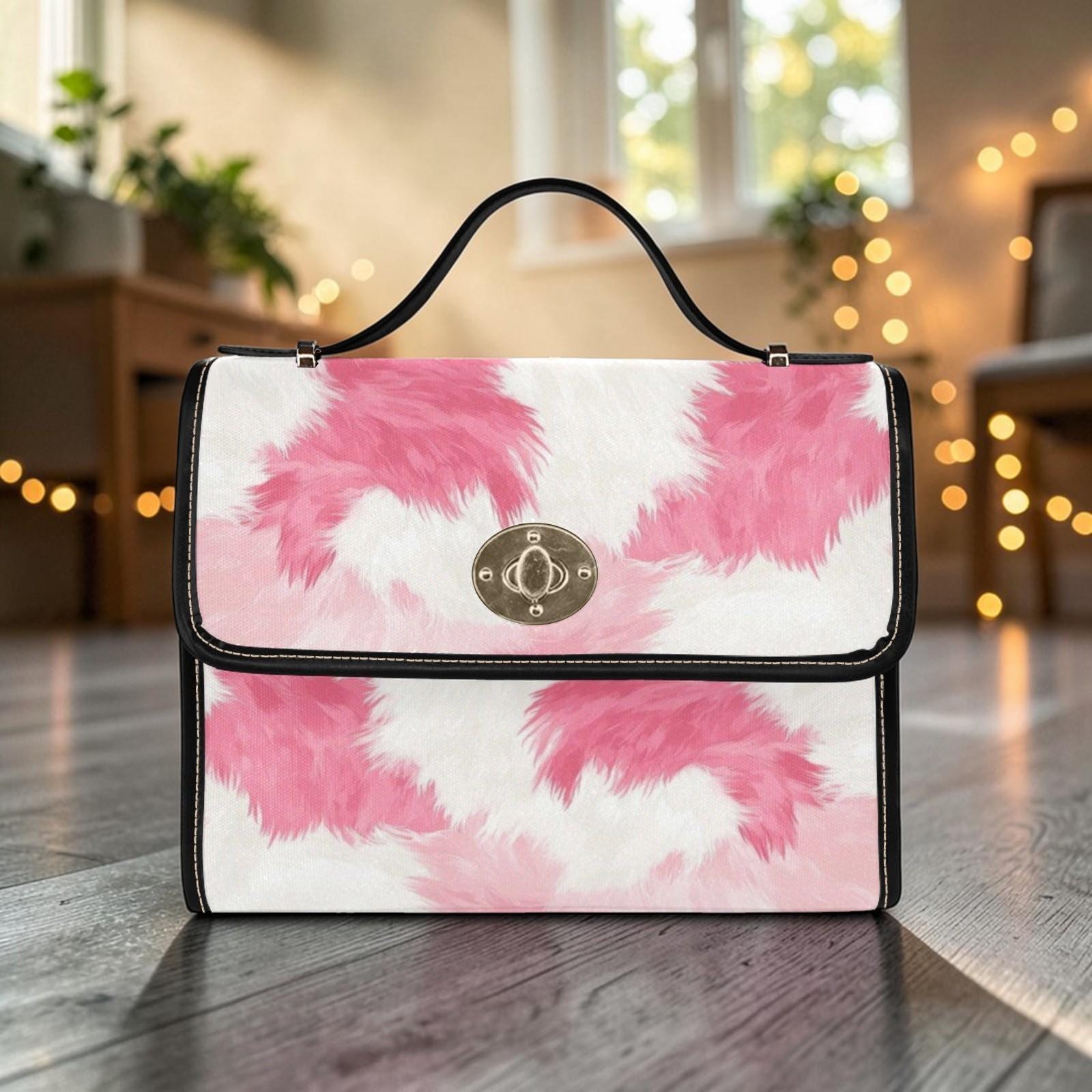 Pink Cow Print Crossbody Bag, Kawaii Pastel Faux Fur Purse