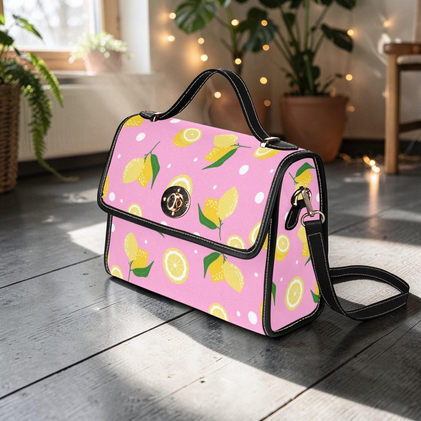Pink Lemon Print Crossbody Bag, Vegan Leather Summer Satchel, Fruit Pattern Shoulder Bag