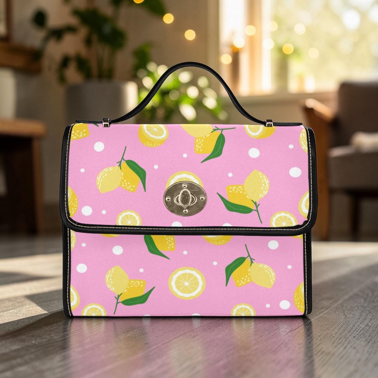 Pink Lemon Print Crossbody Bag, Vegan Leather Summer Satchel, Fruit Pattern Shoulder Bag