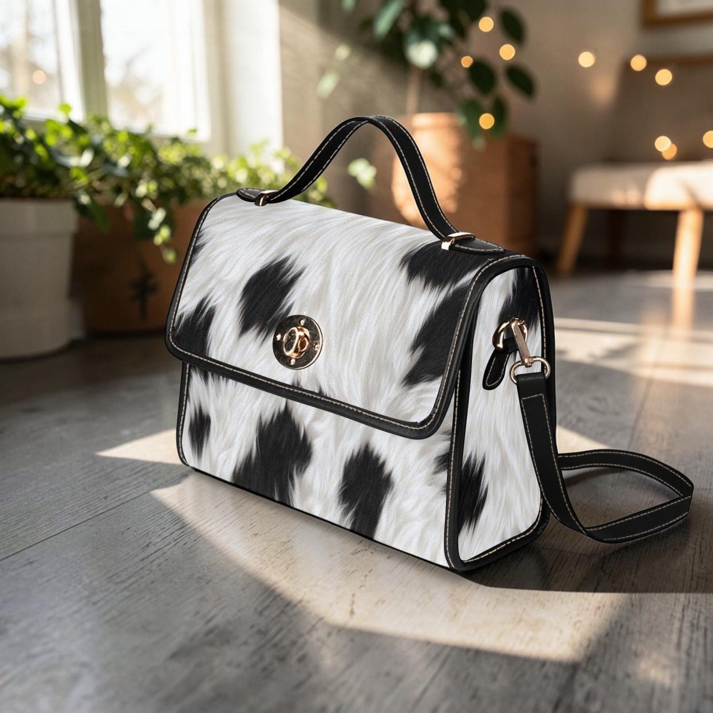 Faux Fur Cow Print Crossbody Bag, Plush Animal Pattern Handbag, Western Core, Kawaii Streetwear