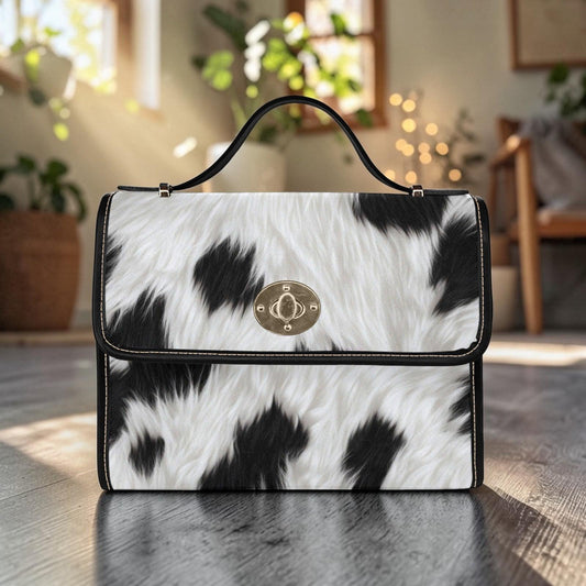 Faux Fur Cow Print Crossbody Bag, Plush Animal Pattern Handbag, Western Core, Kawaii Streetwear
