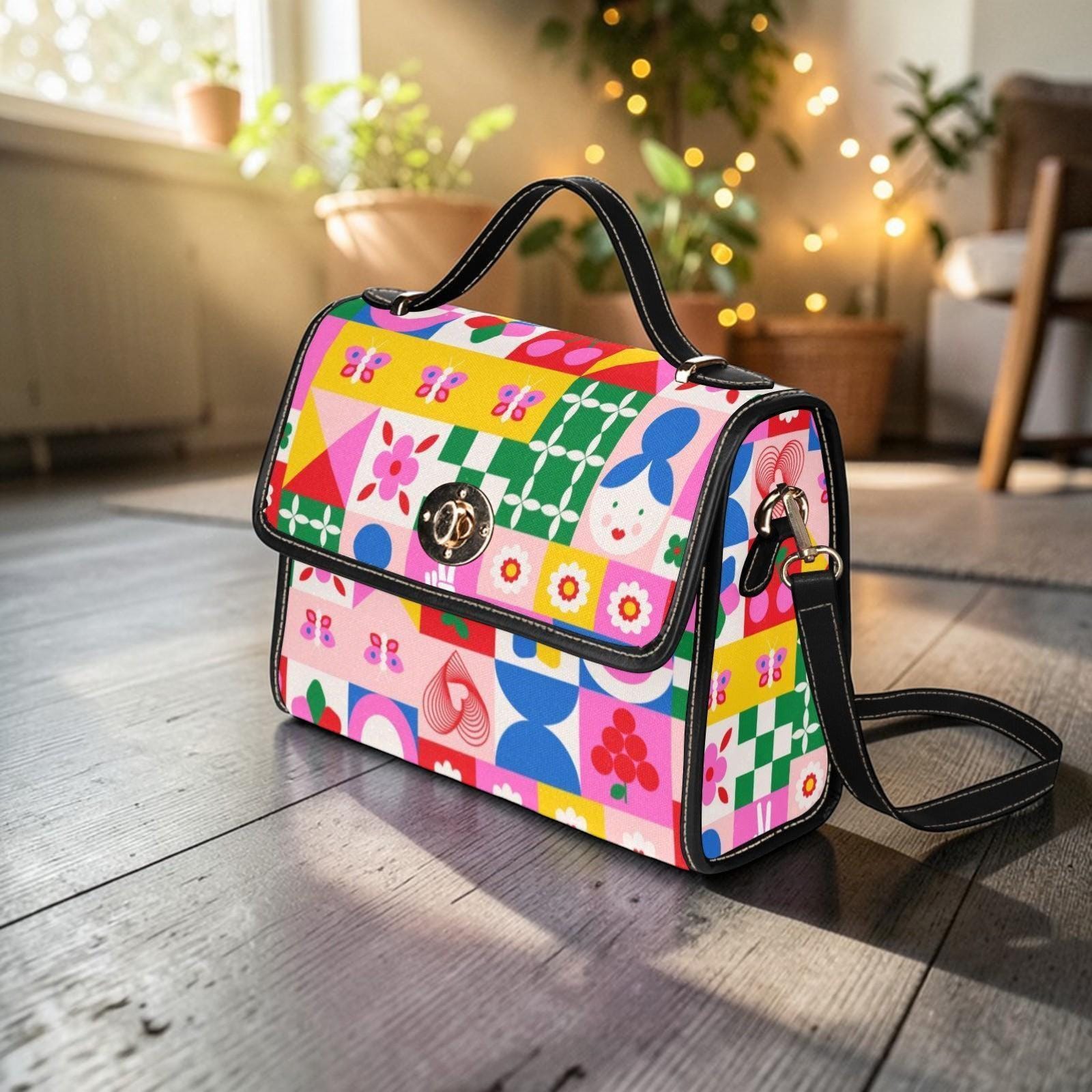 Colorful patchwork satchel purse, cute icon handbag, retro pop art crossbody bag, playful top handle purse