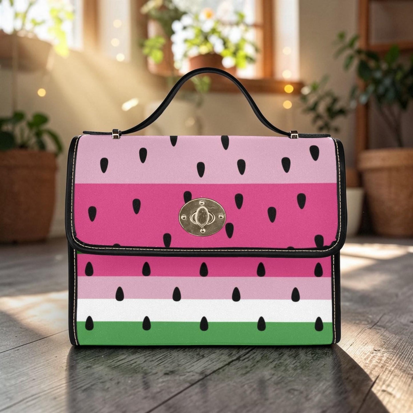 Watermelon stripe satchel purse, pink fruit print handbag, summer picnic crossbody bag, cute top handle bag