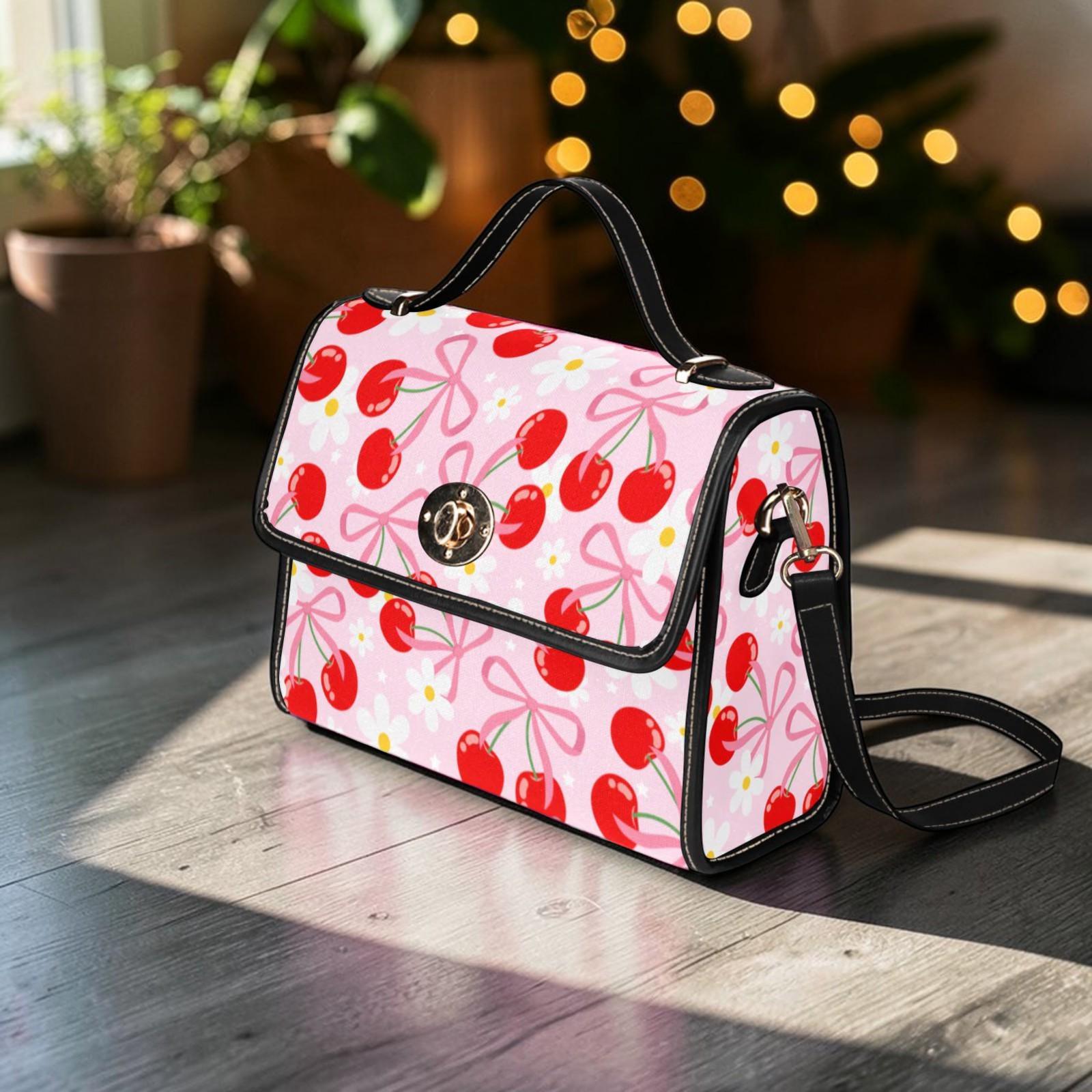 Cherry Print Satchel Bag, Kawaii Crossbody, Pink Aesthetic Handbag, Y2K Retro Summer Purse