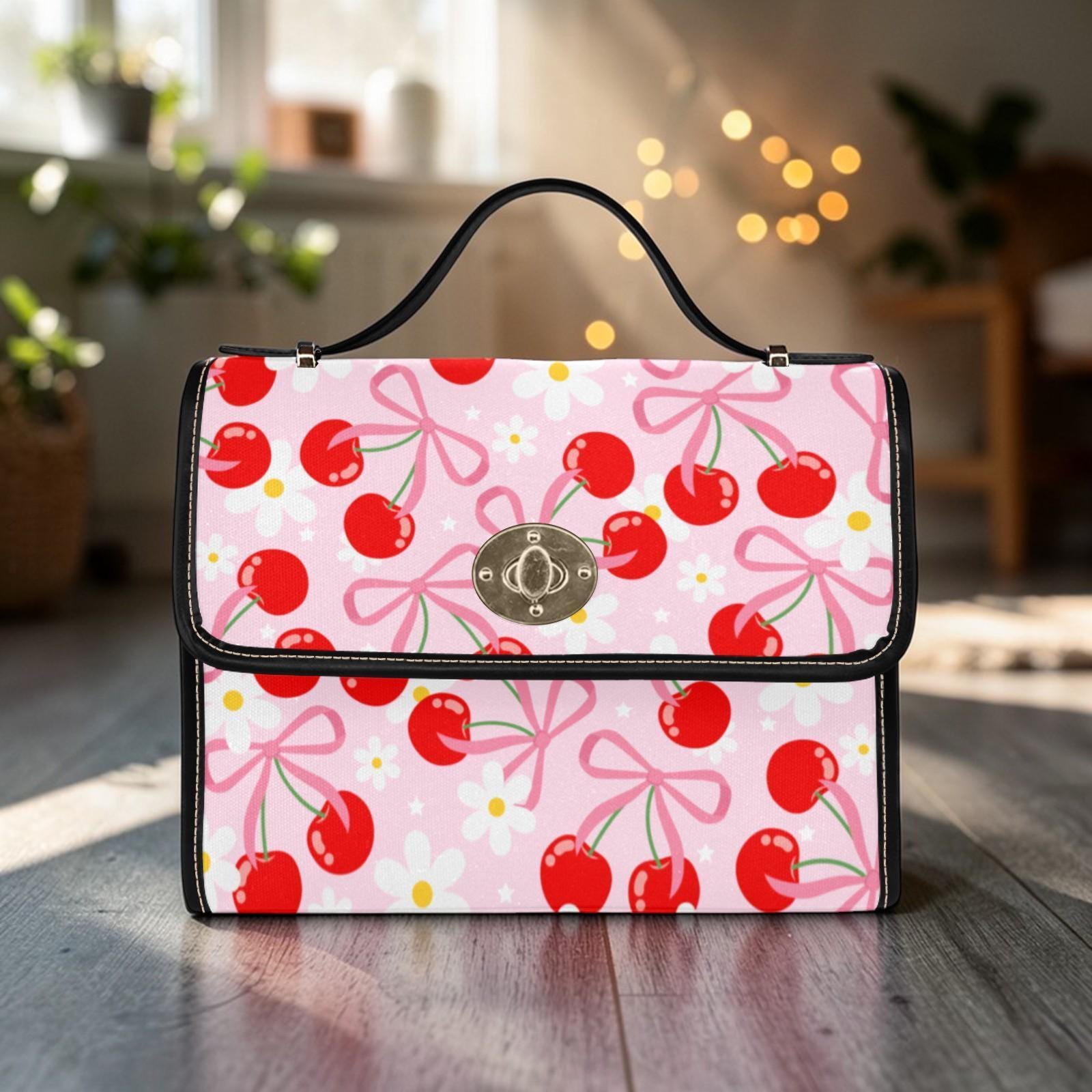 Cherry Print Satchel Bag, Kawaii Crossbody, Pink Aesthetic Handbag, Y2K Retro Summer Purse