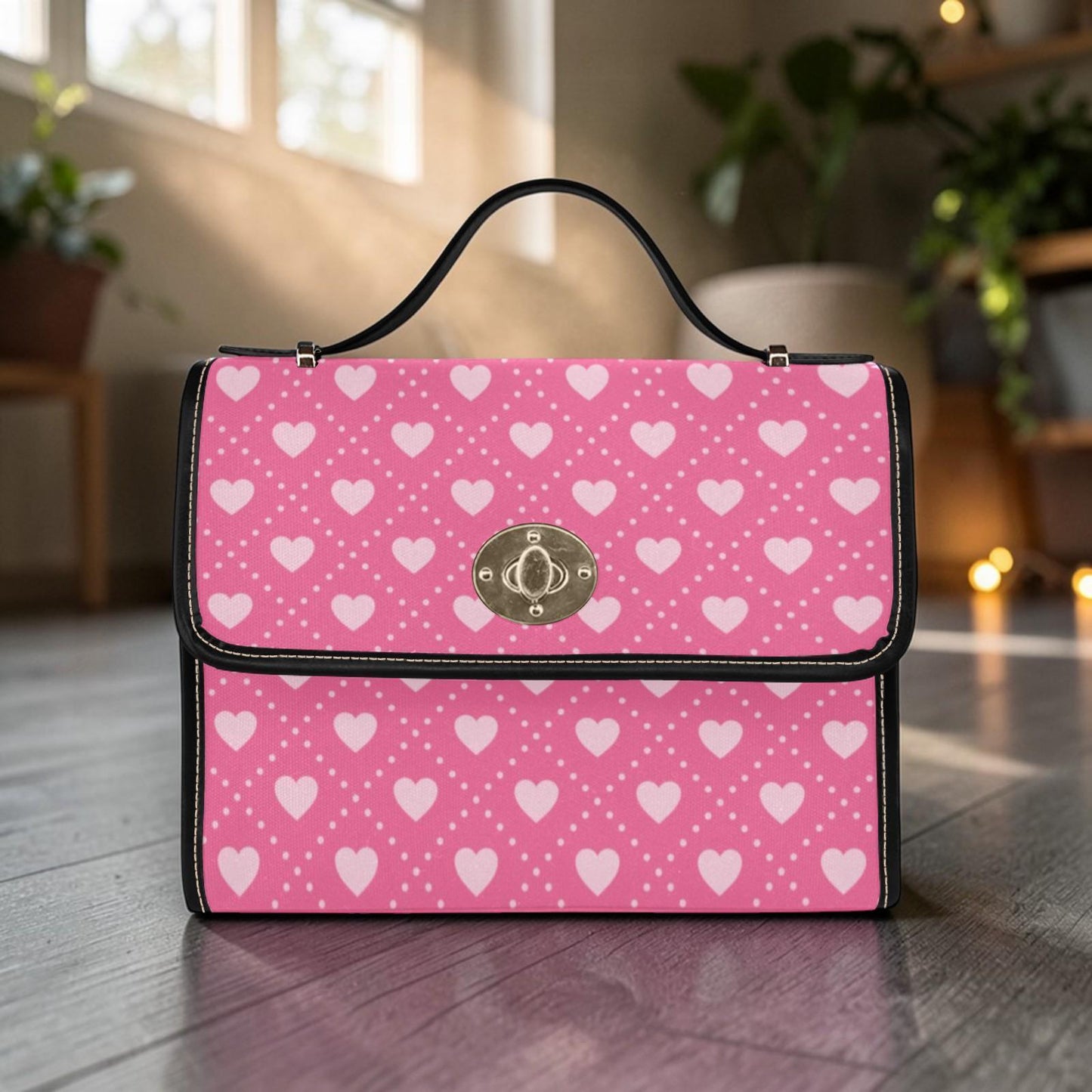 Heart polka satchel purse, pink love pattern handbag, kawaii top handle bag, cute everyday crossbody