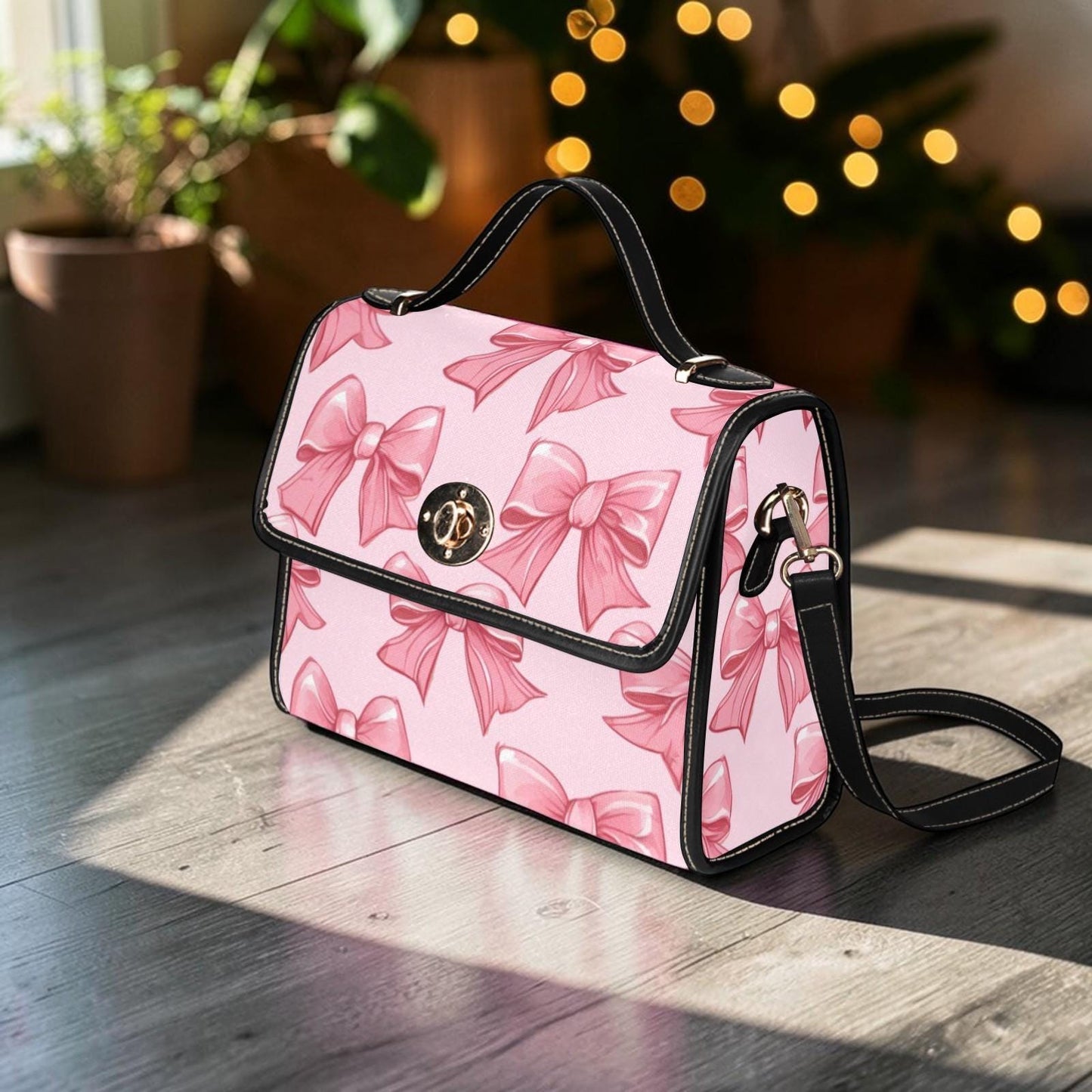 Pink Bow Satchel Purse, Waterproof Canvas Crossbody, Y2K Coquette Handbag, Girly Soft Girl Bag