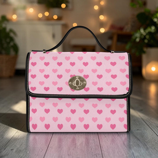 Pink heart satchel purse, kawaii crossbody bag, soft girl handbag, Y2K style vegan leather, cute love print, trendy pink bag