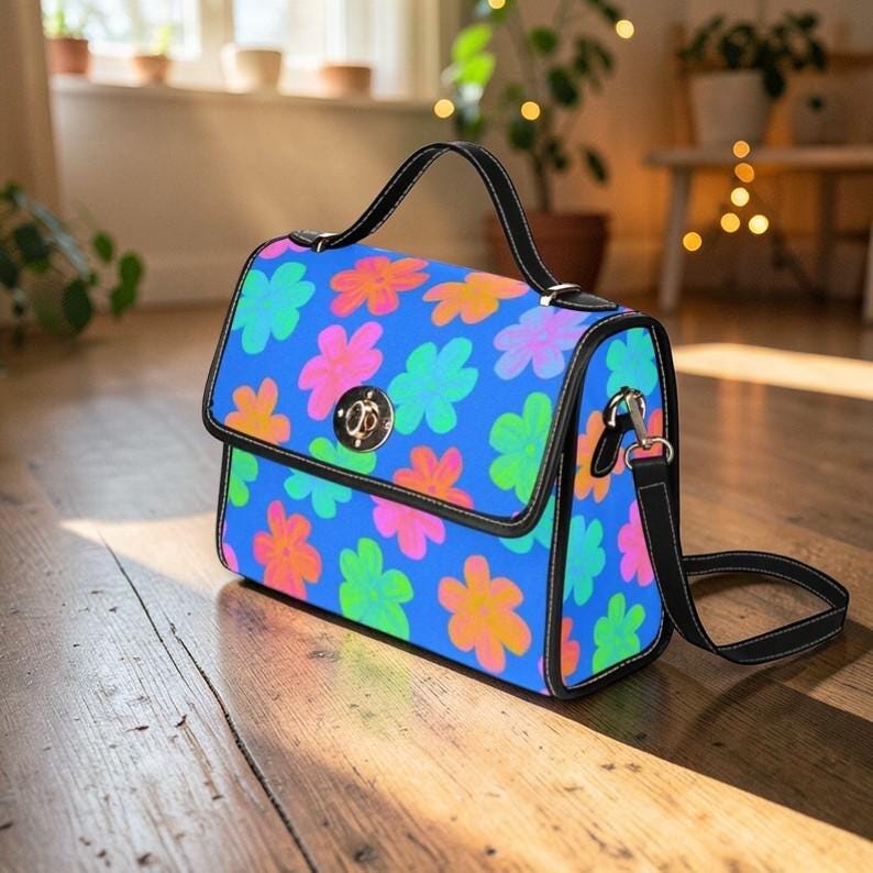 Neon floral crossbody bag, retro colorful satchel purse, summer statement handbag, vibrant daisy accessory