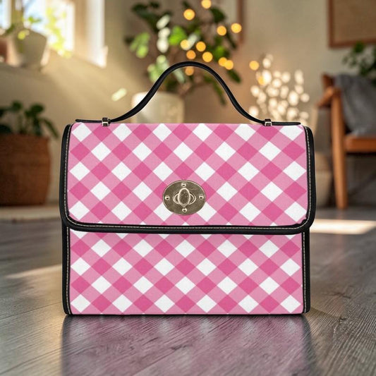 Pink gingham satchel purse, cottagecore check handbag, crossbody picnic bag, retro pastel top handle, waterproof canvas tote