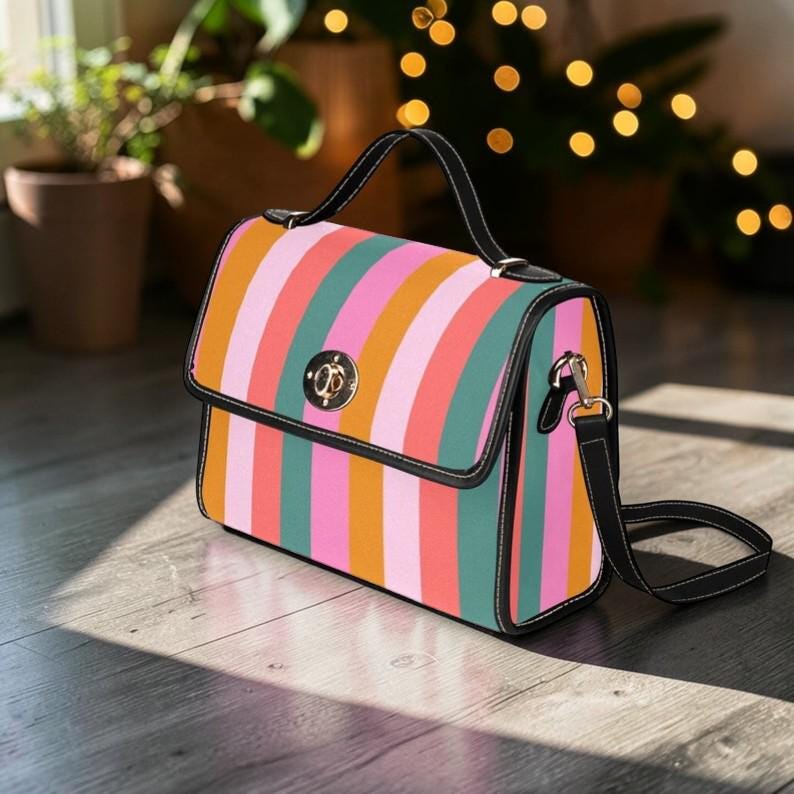 Colorful Striped Satchel Purse, Retro Top Handle Handbag, Groovy 70s Style Crossbody Bag