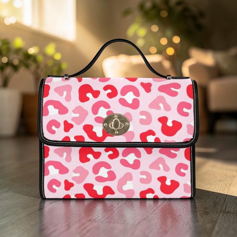 Pink Leopard Print Crossbody Bag, Kawaii Animal Pattern Handbag, Trendy Y2K Statement Purse