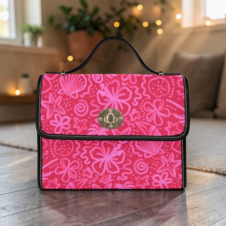 Pink Tropical Clutch Purse, Hot Pink Beach Handbag, Coastal Summer Top Handle Bag, Bold Vacation Statement Purse