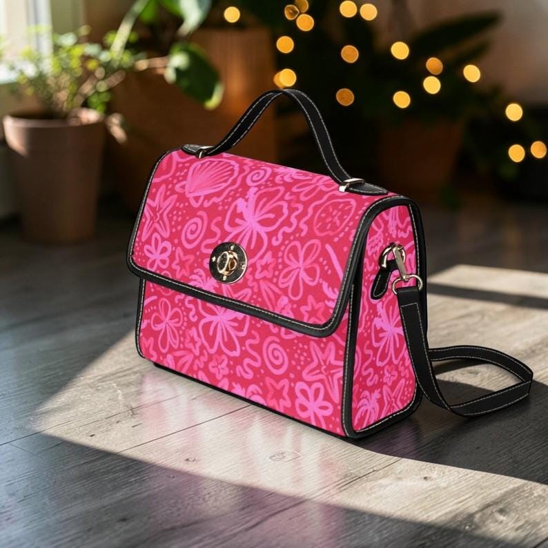 Pink Tropical Clutch Purse, Hot Pink Beach Handbag, Coastal Summer Top Handle Bag, Bold Vacation Statement Purse