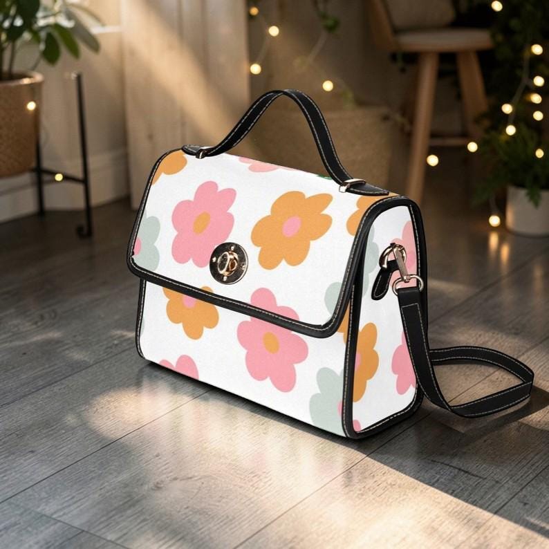 Retro Daisy Flower Power Satchel Purse, Pastel Cottagecore Crossbody Bag, Waterproof Canvas, Spring Handbag