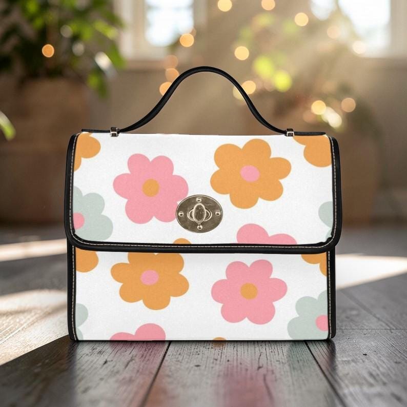 Retro Daisy Flower Power Satchel Purse, Pastel Cottagecore Crossbody Bag, Waterproof Canvas, Spring Handbag