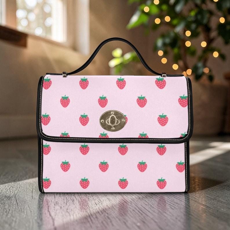 Pink Strawberry Print Satchel Bag, Kawaii Crossbody Handbag, Summer Fruit Purse