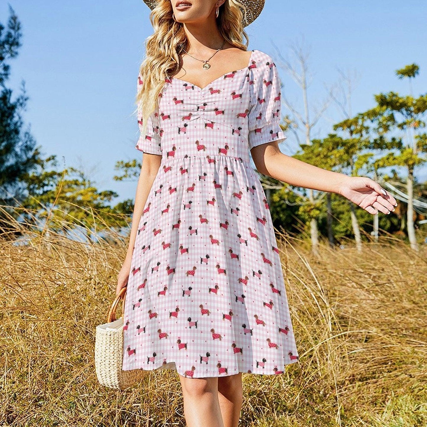 Pink Gingham Dachshund Midi Dress, Puff Sleeve Picnic Outfit, Dog Lover Fashion