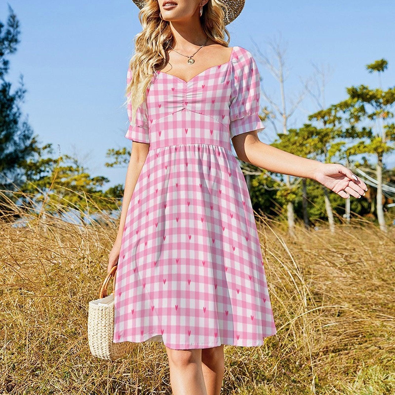 Pink Gingham Heart Midi Dress, Puff Sleeve Sweetheart Neckline, Romantic Picnic Outfit