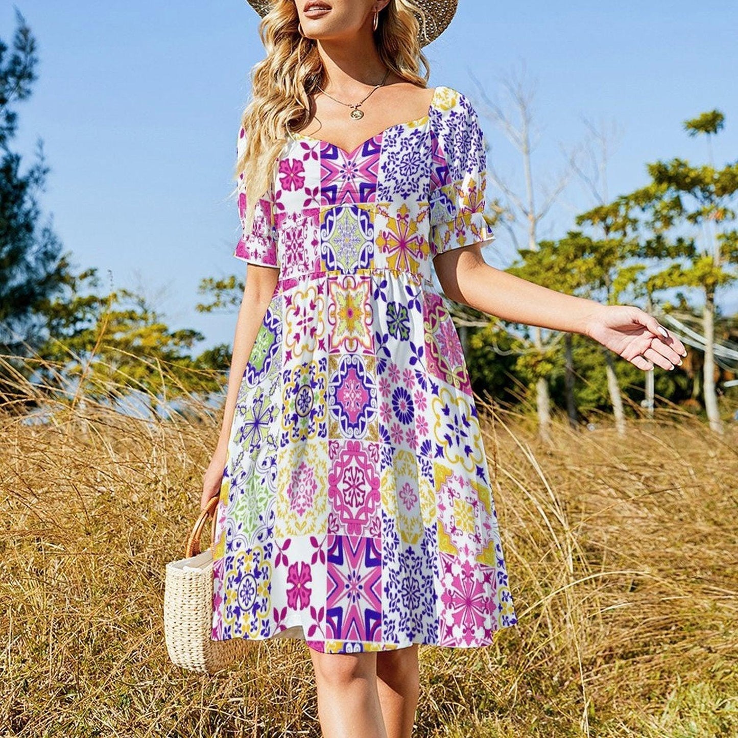 Tile Print Midi Dress, Mediterranean Puff Sleeve, Colorful Mosaic Vacation Outfit