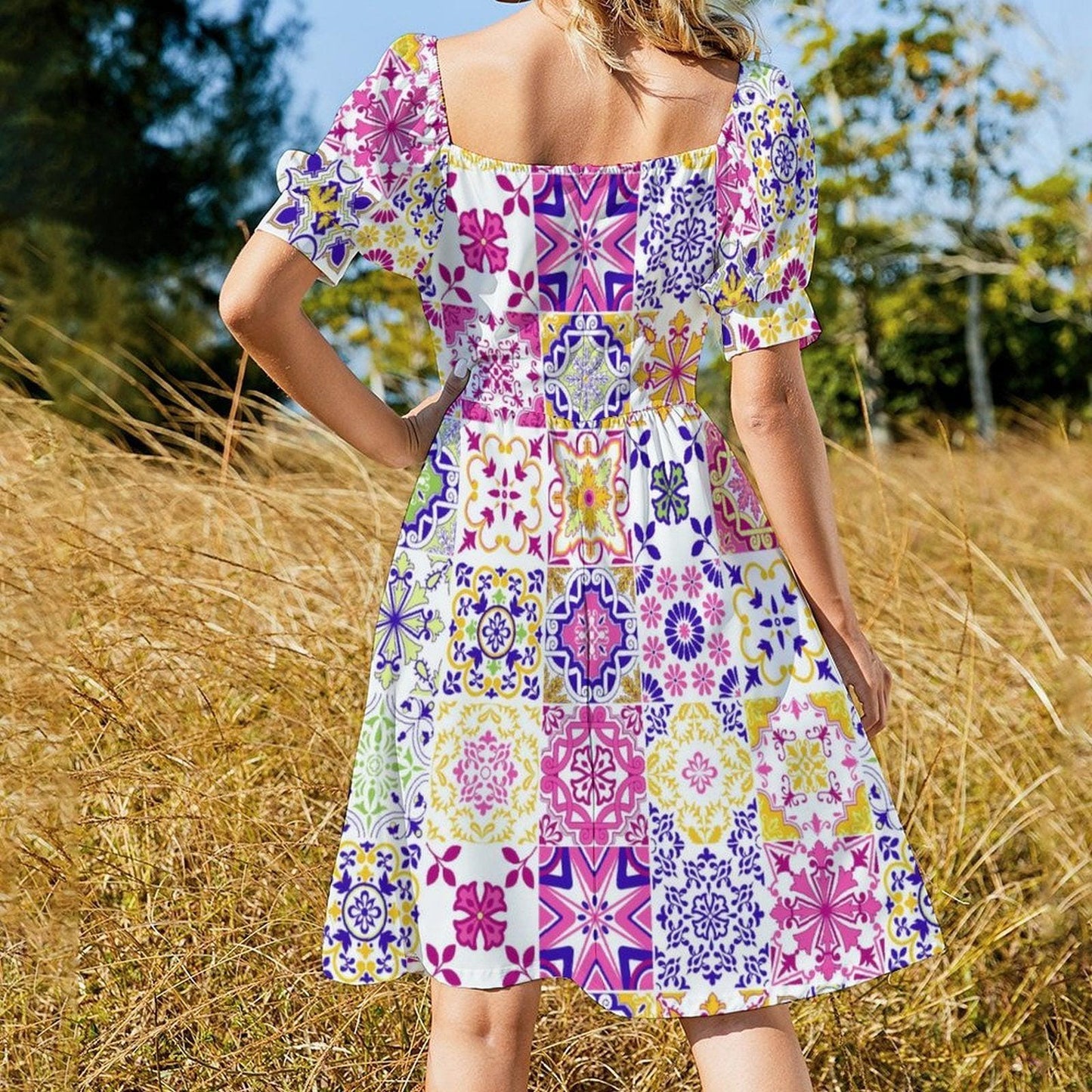 Tile Print Midi Dress, Mediterranean Puff Sleeve, Colorful Mosaic Vacation Outfit