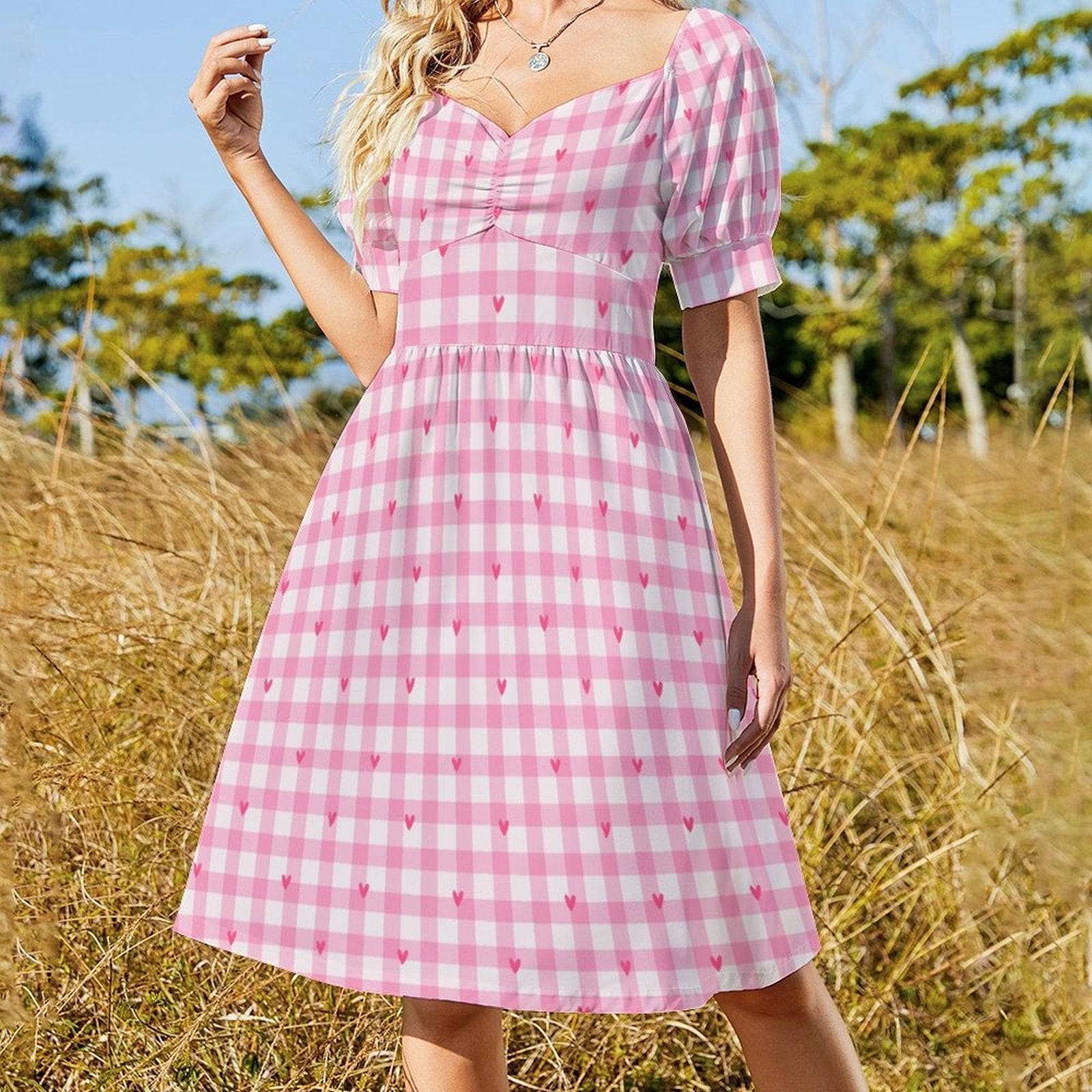 Pink Gingham Heart Midi Dress, Puff Sleeve Sweetheart Neckline, Romantic Picnic Outfit