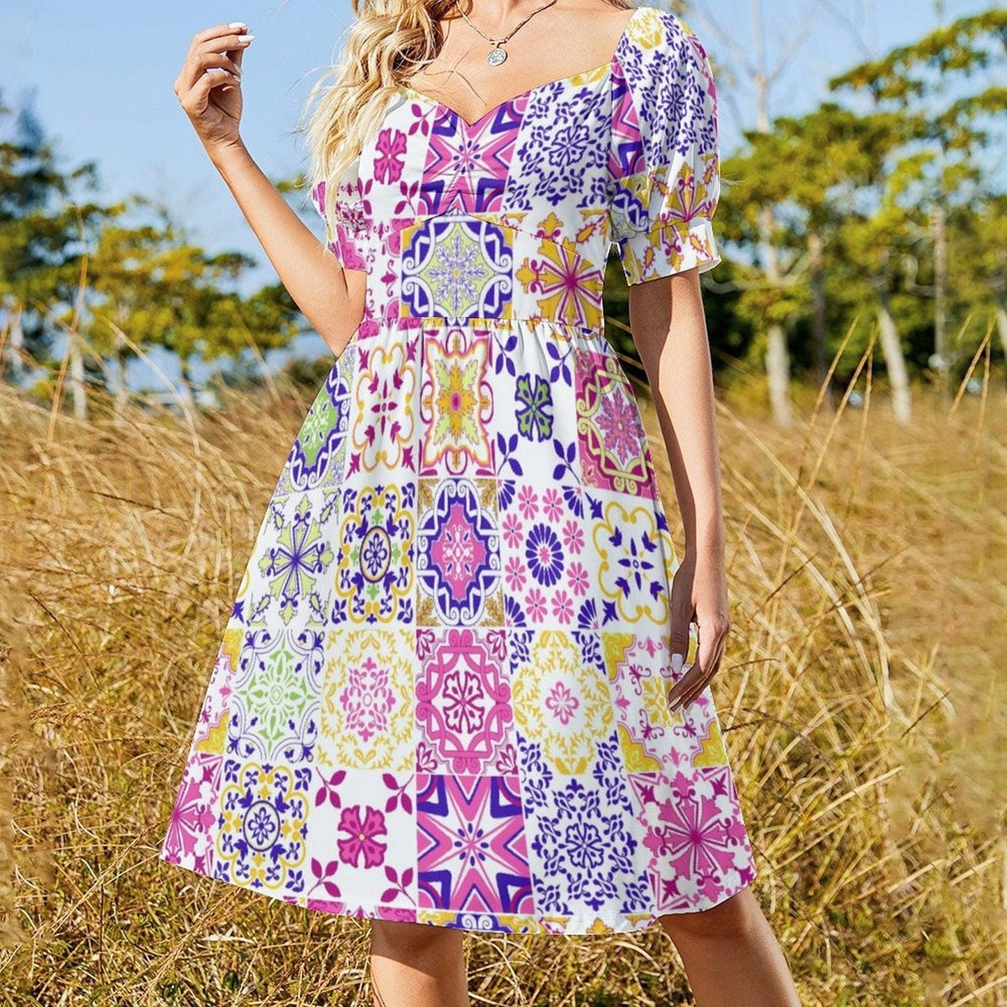Tile Print Midi Dress, Mediterranean Puff Sleeve, Colorful Mosaic Vacation Outfit