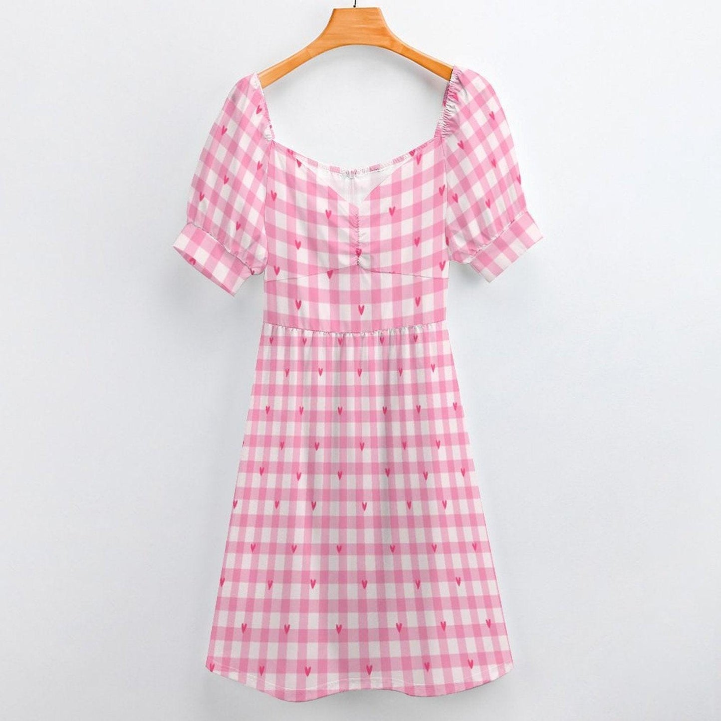 Pink Gingham Heart Midi Dress, Puff Sleeve Sweetheart Neckline, Romantic Picnic Outfit