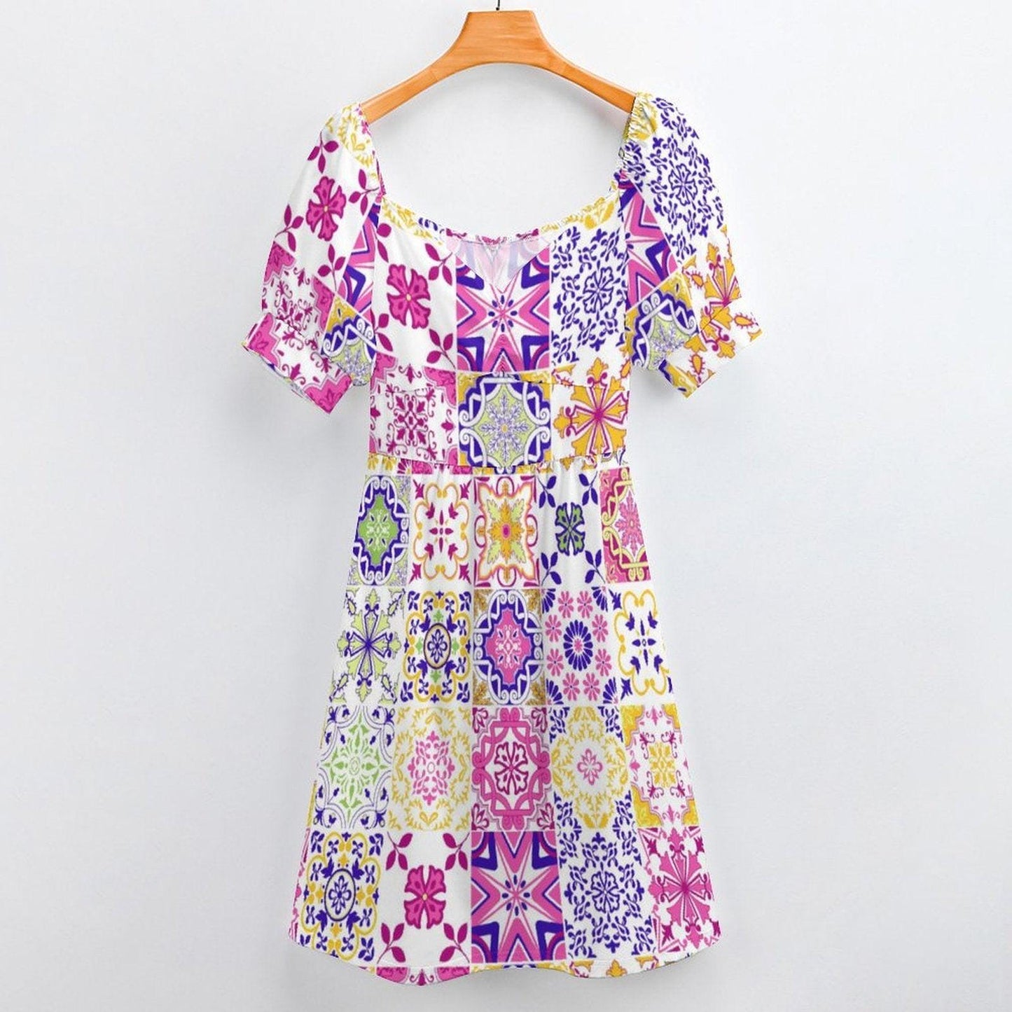 Tile Print Midi Dress, Mediterranean Puff Sleeve, Colorful Mosaic Vacation Outfit