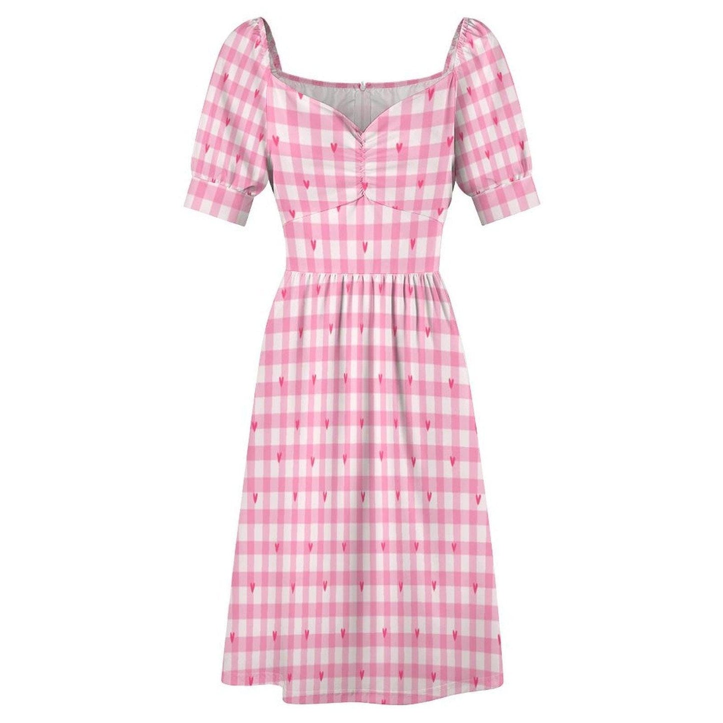 Pink Gingham Heart Midi Dress, Puff Sleeve Sweetheart Neckline, Romantic Picnic Outfit