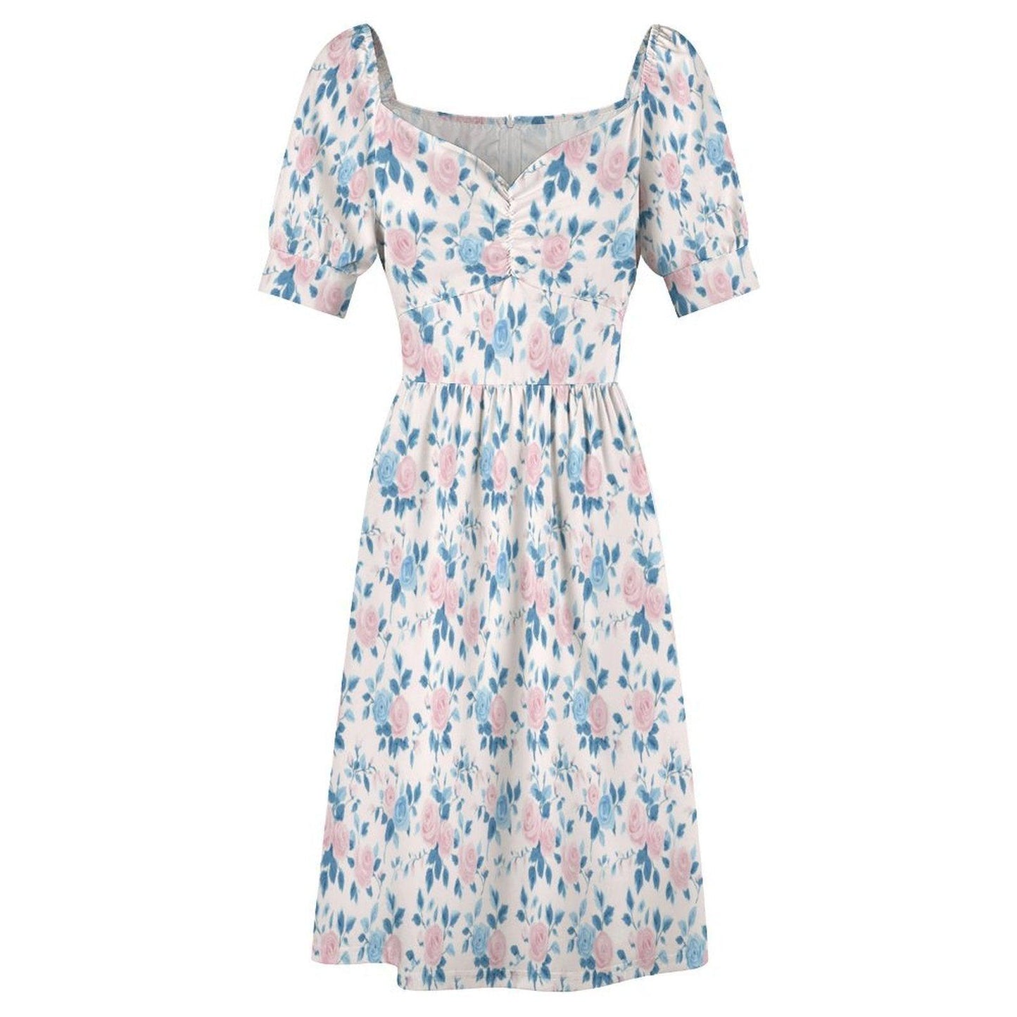 Blue Rose Midi Dress, Pastel Puff Sleeve, Ladylike Spring Brunch Outfit