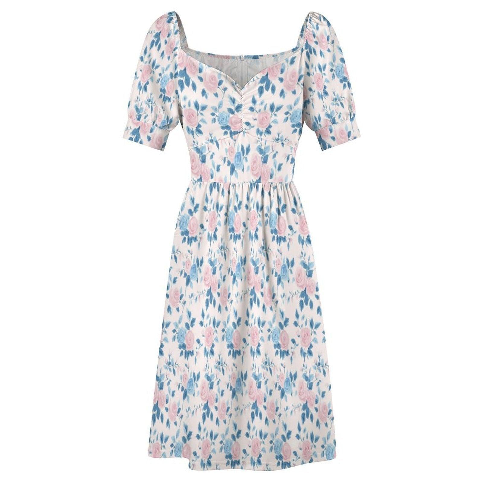 Blue Rose Midi Dress, Pastel Puff Sleeve, Ladylike Spring Brunch Outfit