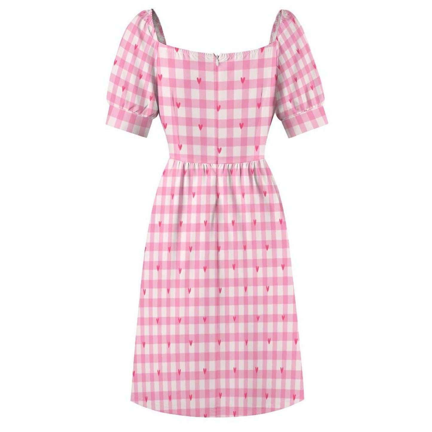 Pink Gingham Heart Midi Dress, Puff Sleeve Sweetheart Neckline, Romantic Picnic Outfit