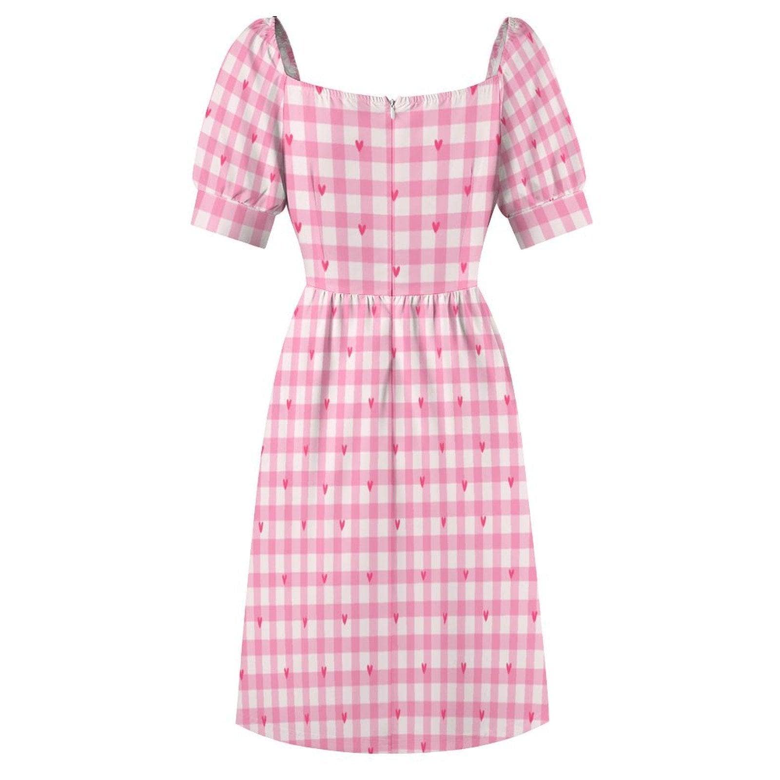 Pink Gingham Heart Midi Dress, Puff Sleeve Sweetheart Neckline, Romantic Picnic Outfit