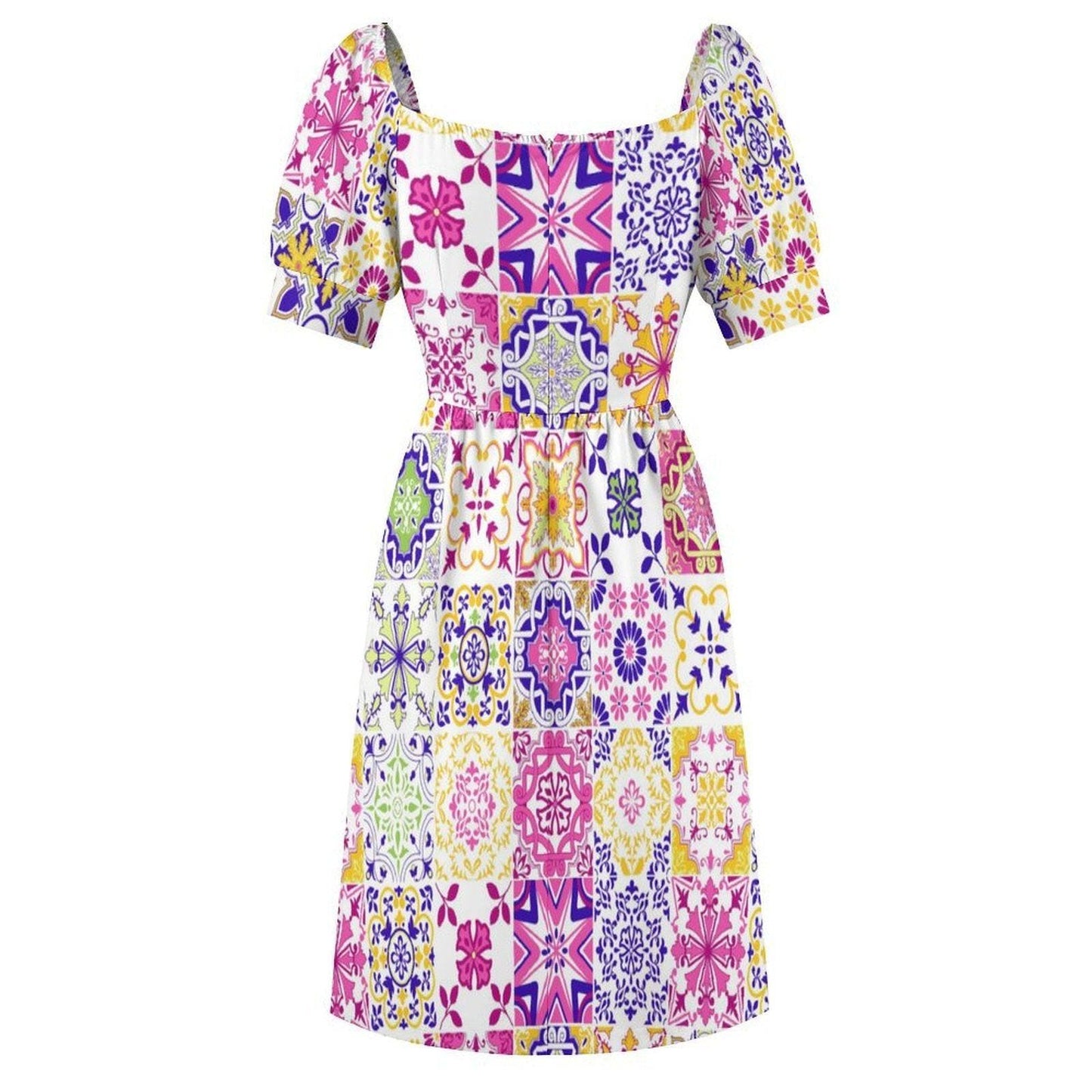 Tile Print Midi Dress, Mediterranean Puff Sleeve, Colorful Mosaic Vacation Outfit