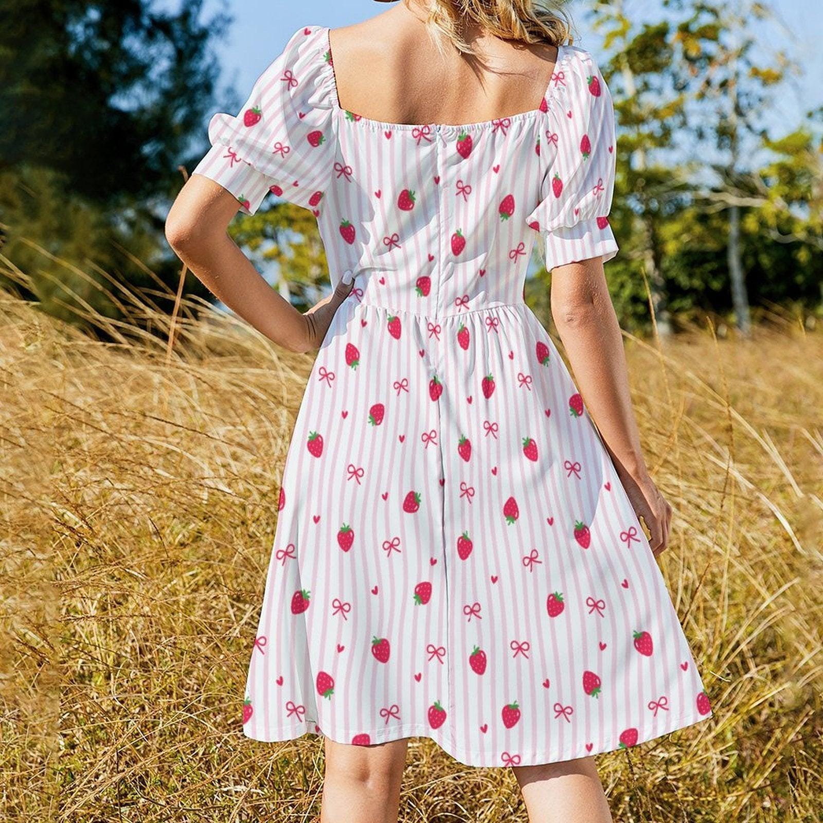 Strawberry Bow Dress, Pink Coquette Puff Sleeve, Picnic, Girls Trip, Summer Day Dress