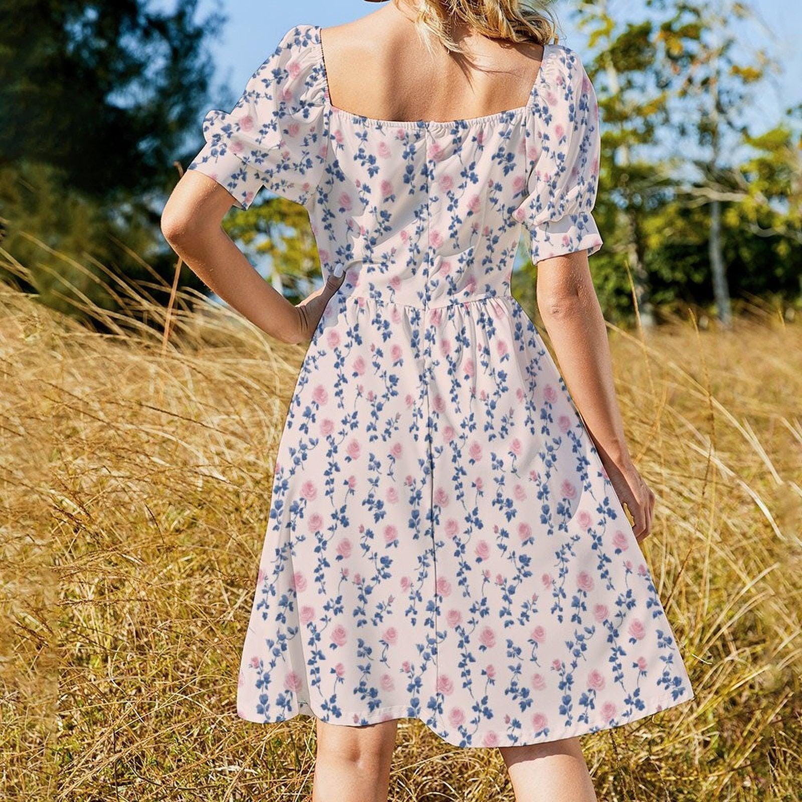 Rose Vine Midi Dress, Puff Sleeve Sweetheart, Blue Pink Floral, Cottage Wedding Guest