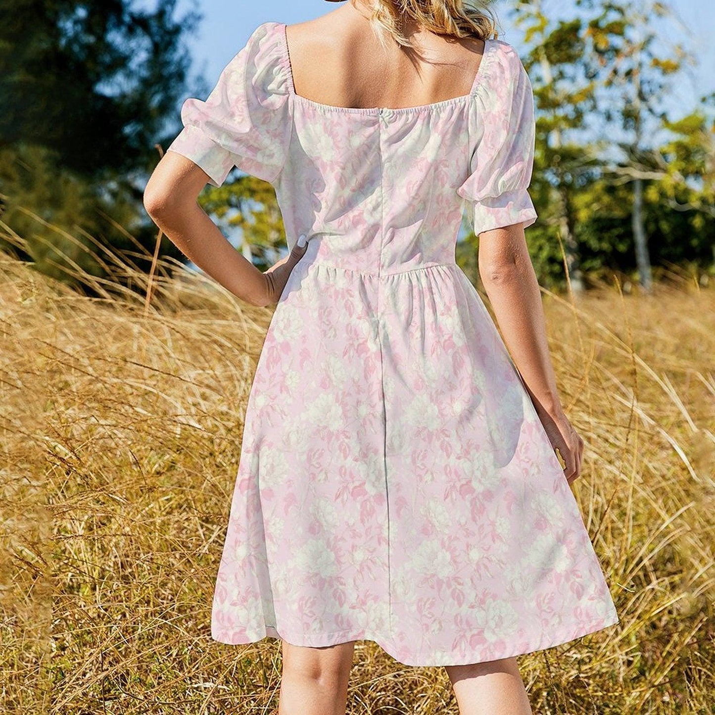 Blush Floral Puff Sleeve Midi Dress, Romantic Garden Party Style, Sweetheart Neckline