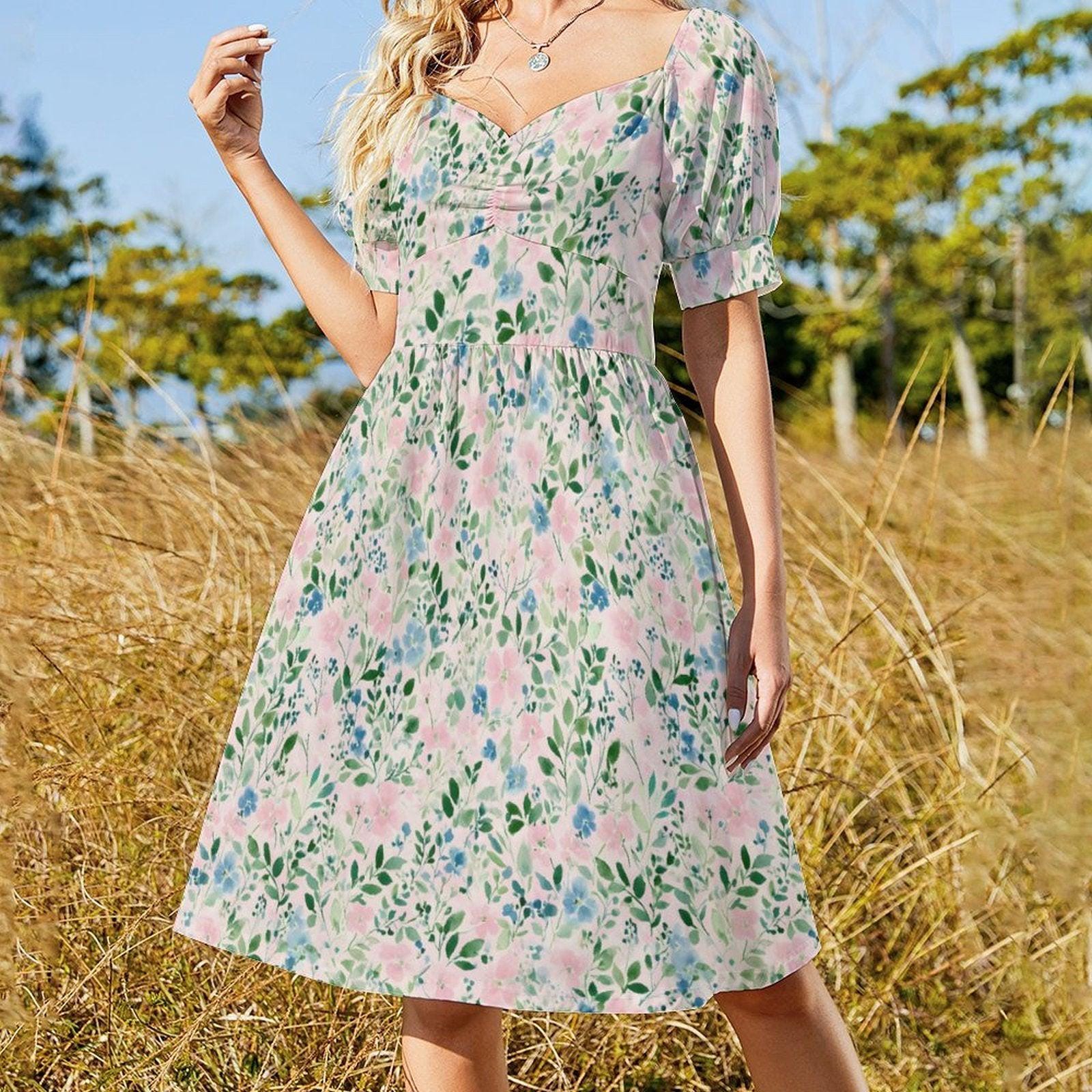 Watercolor floral midi dress for women, pastel meadow garden stroll, puff sleeve sweetheart dress