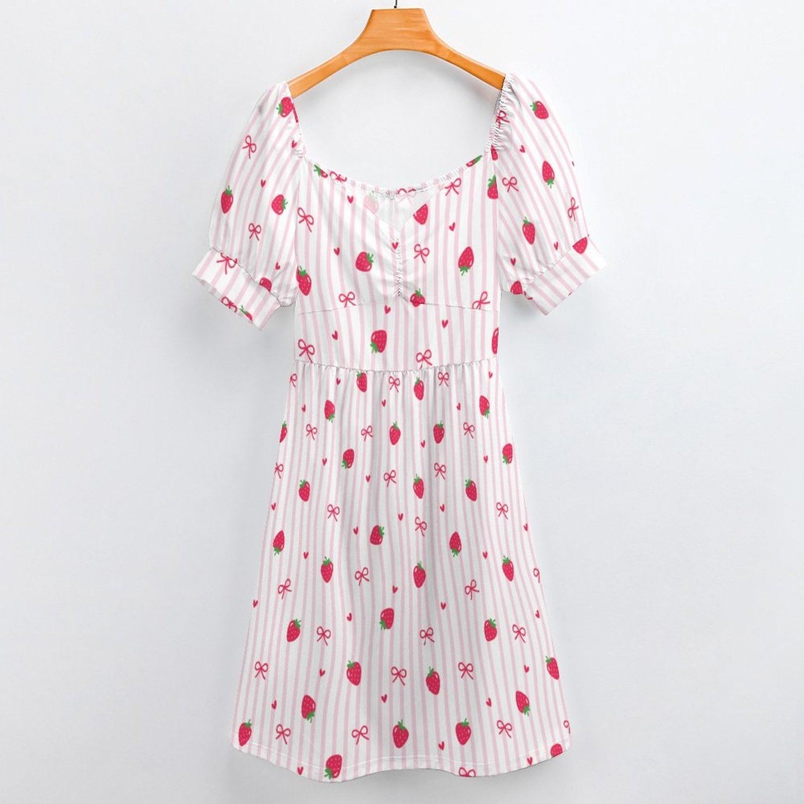 Strawberry Bow Dress, Pink Coquette Puff Sleeve, Picnic, Girls Trip, Summer Day Dress