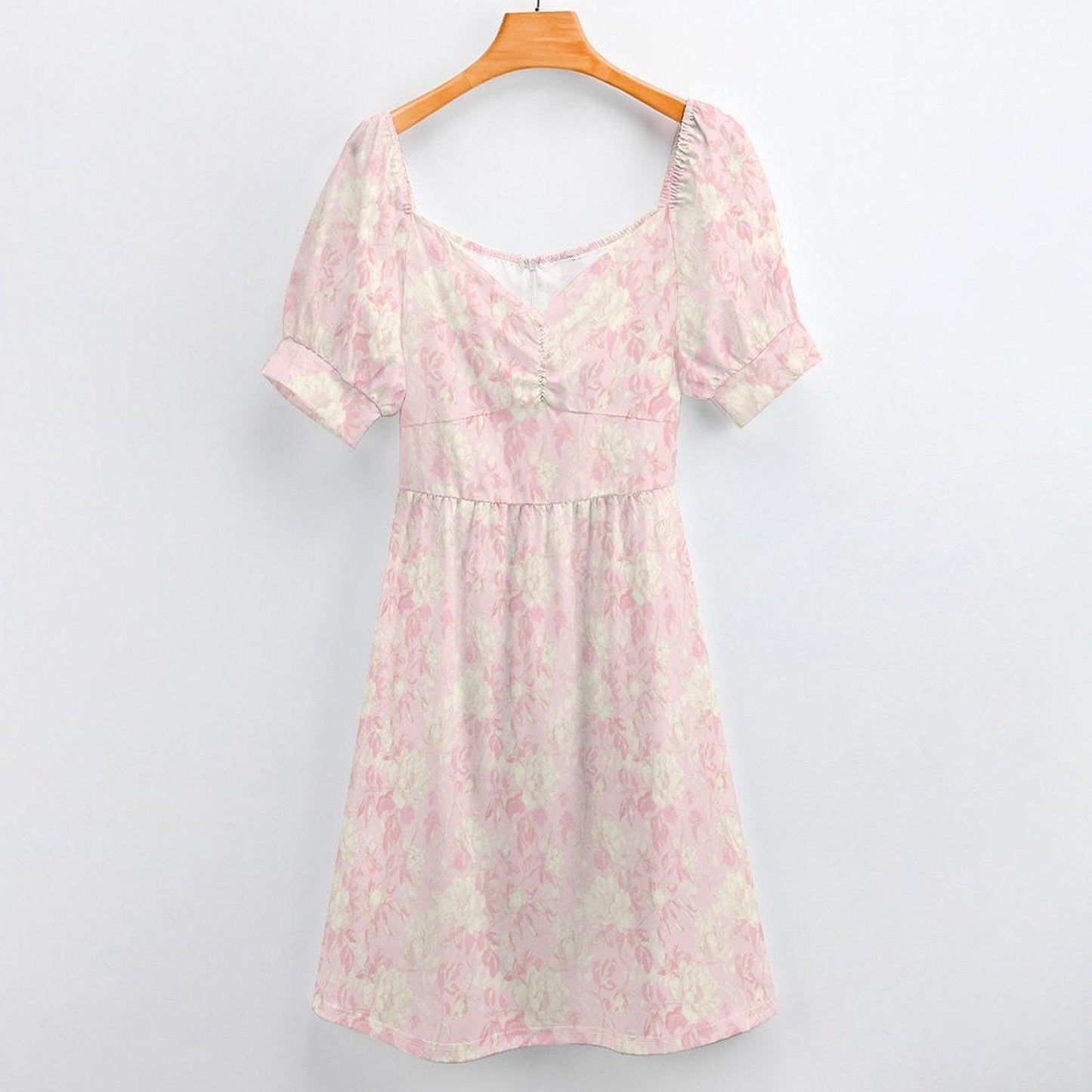 Blush Floral Puff Sleeve Midi Dress, Romantic Garden Party Style, Sweetheart Neckline