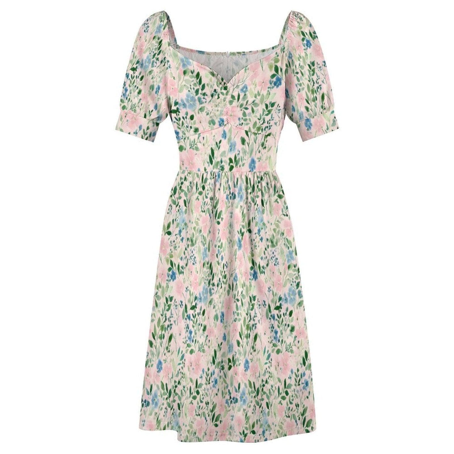 Watercolor floral midi dress for women, pastel meadow garden stroll, puff sleeve sweetheart dress