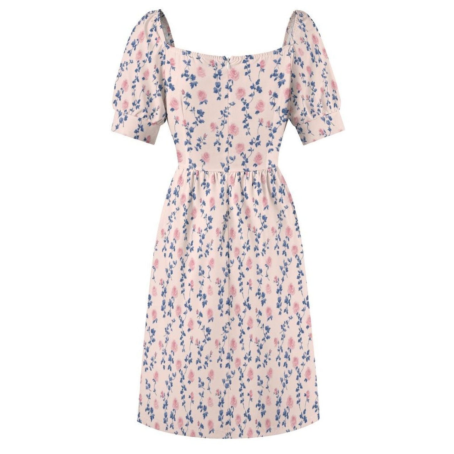 Rose Vine Midi Dress, Puff Sleeve Sweetheart, Blue Pink Floral, Cottage Wedding Guest