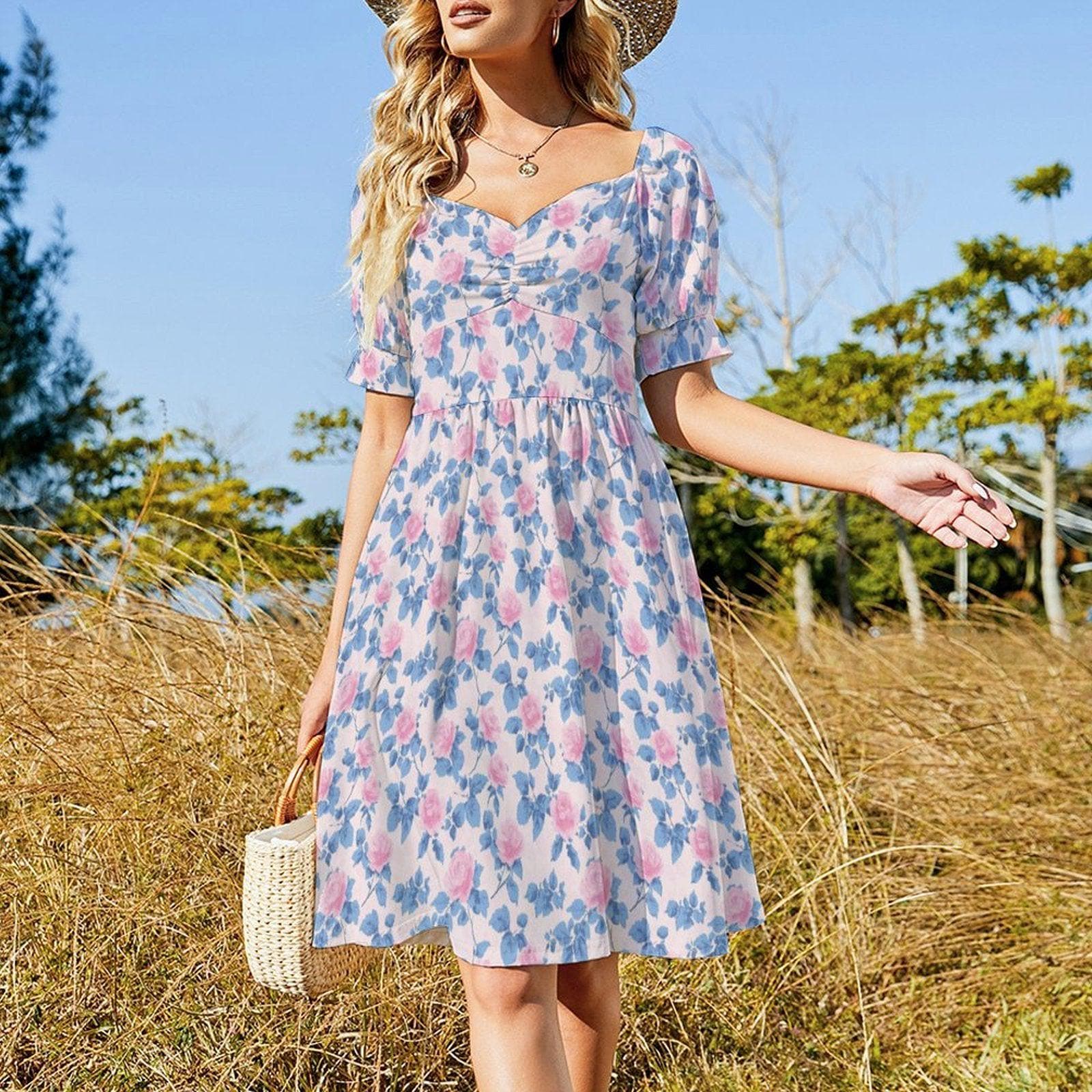 Pastel Floral Midi Dress, Puff Sleeve Sweetheart Neckline, Romantic Garden Party Outfit