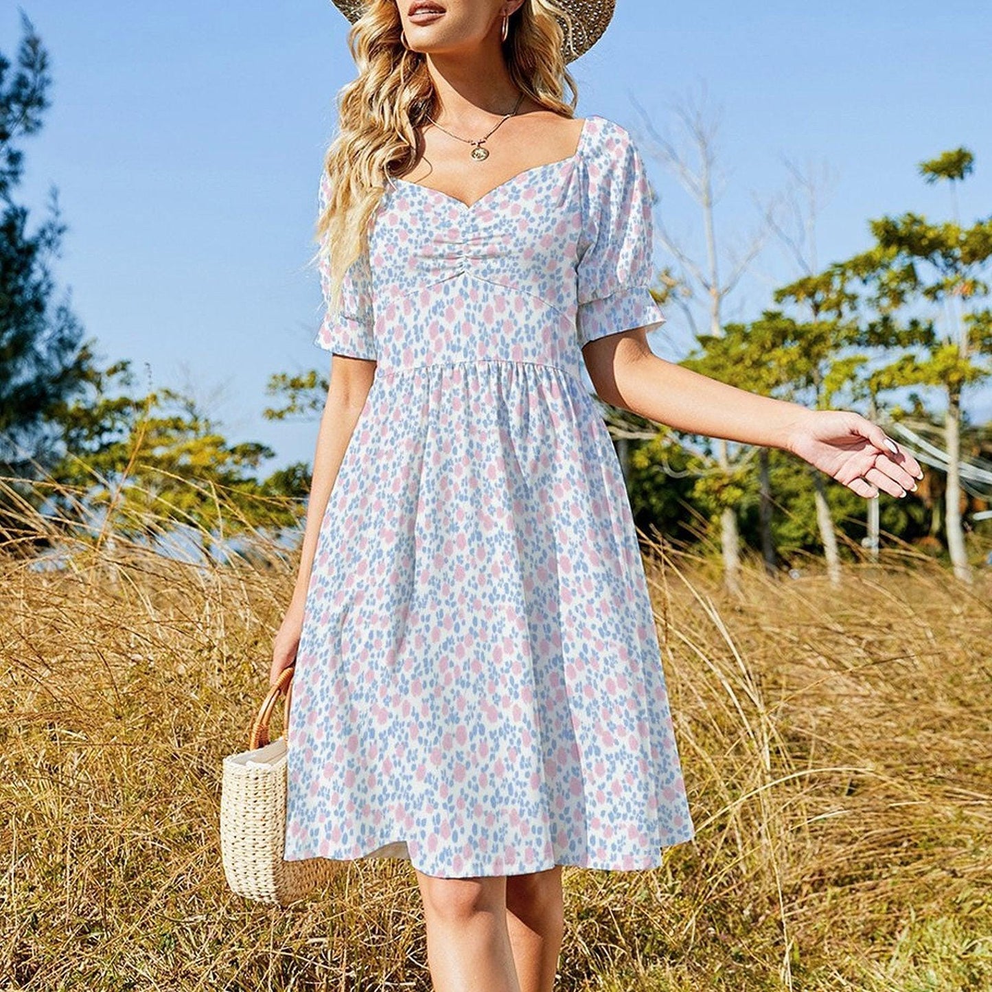 Pastel floral midi dress with puff sleeves, sweetheart neckline, prairie style, spring garden tea dress