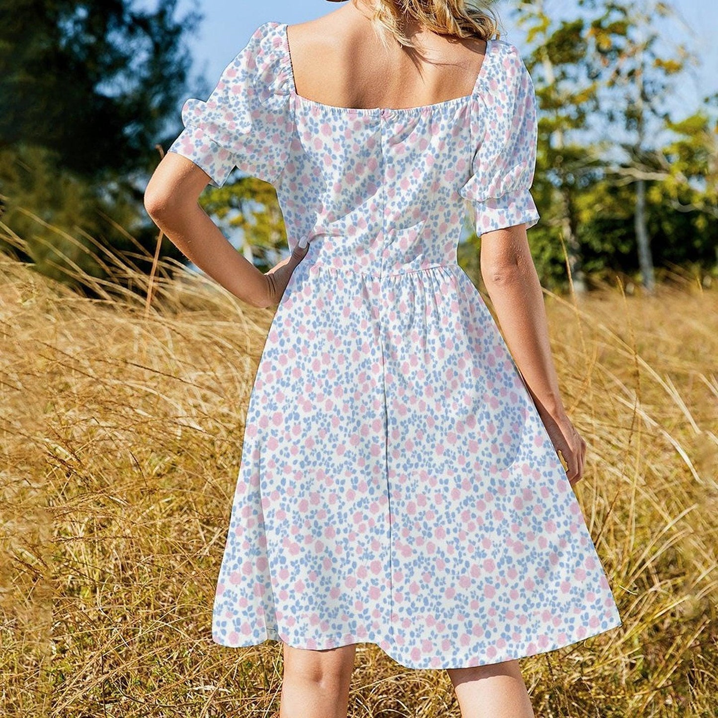 Pastel floral midi dress with puff sleeves, sweetheart neckline, prairie style, spring garden tea dress