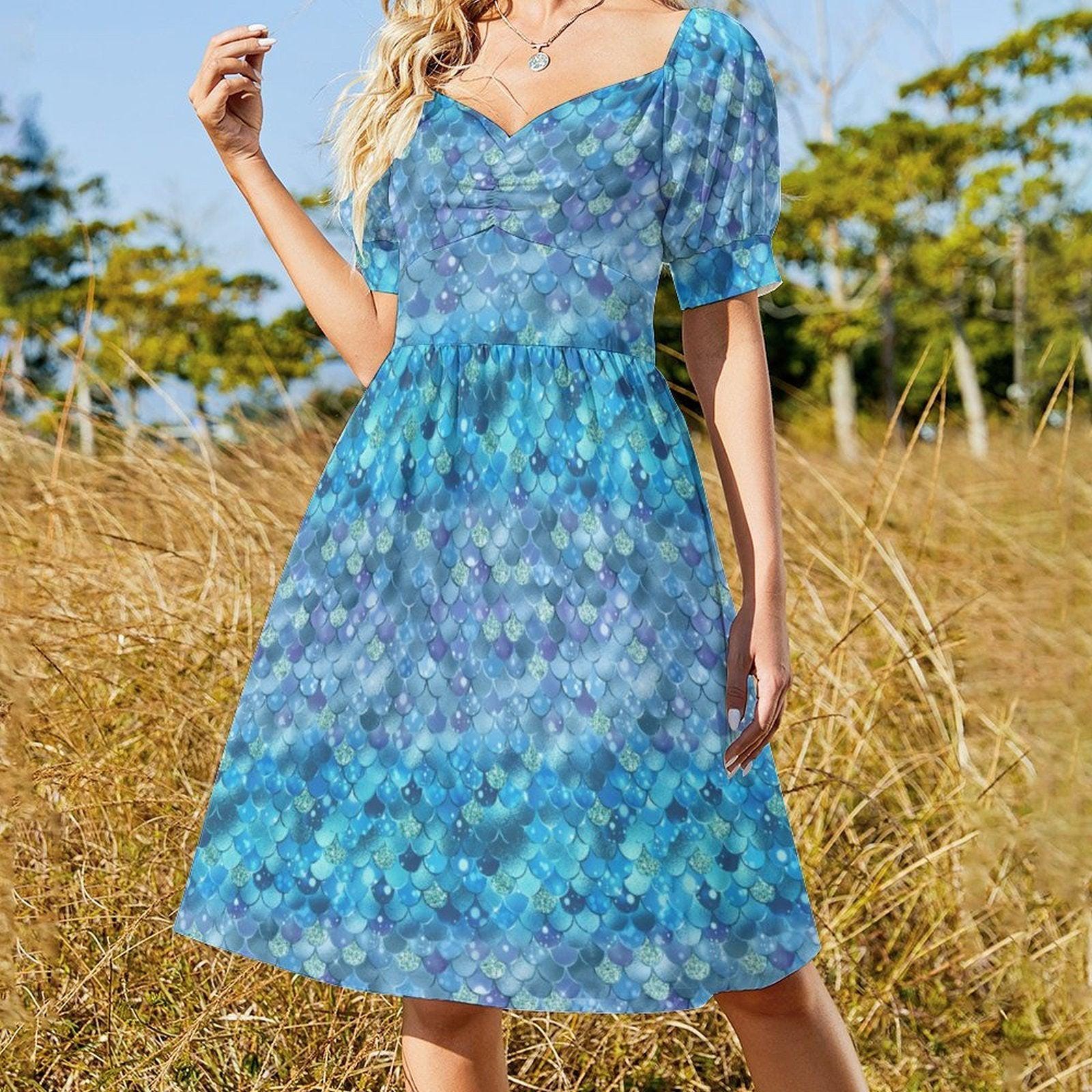 Blue Mermaid Scale Midi Dress, Sweetheart Puff Sleeve, Coastal Fantasy Outfit