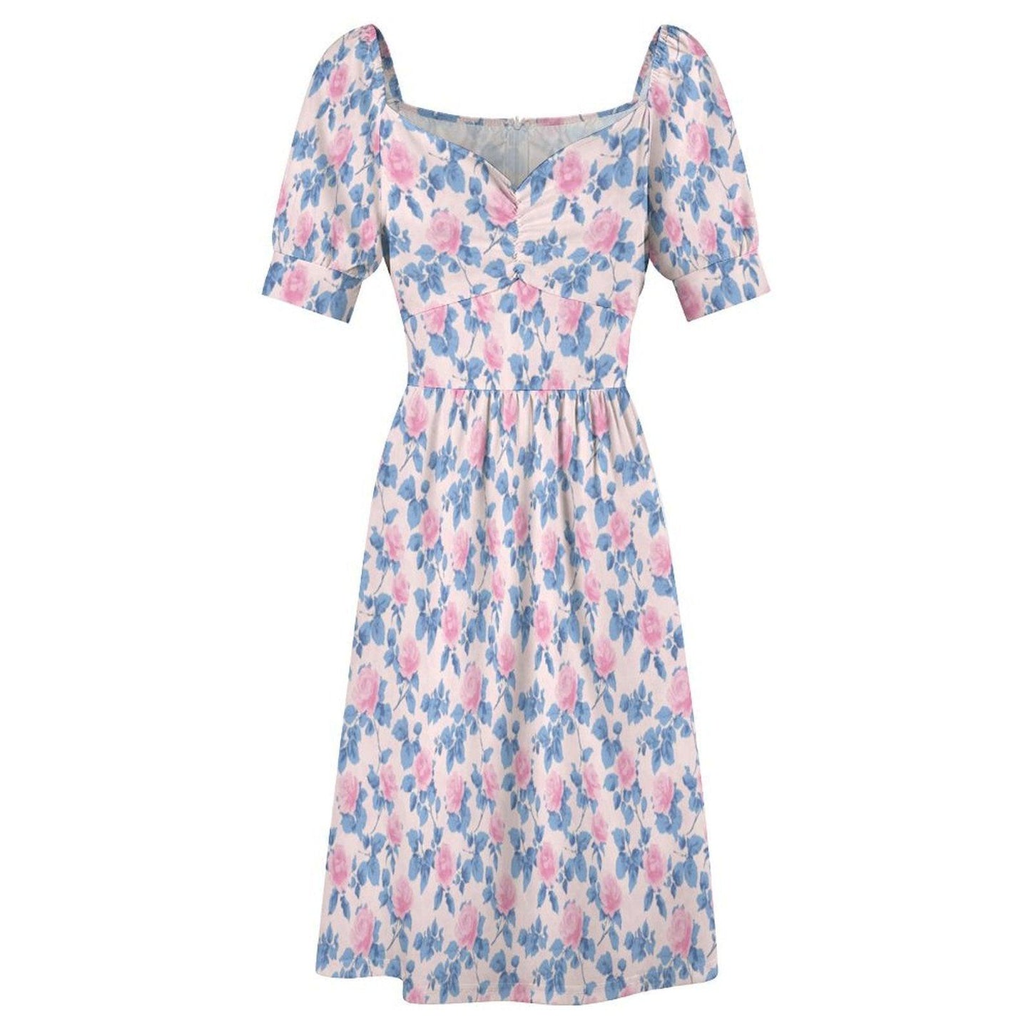 Pastel Floral Midi Dress, Puff Sleeve Sweetheart Neckline, Romantic Garden Party Outfit