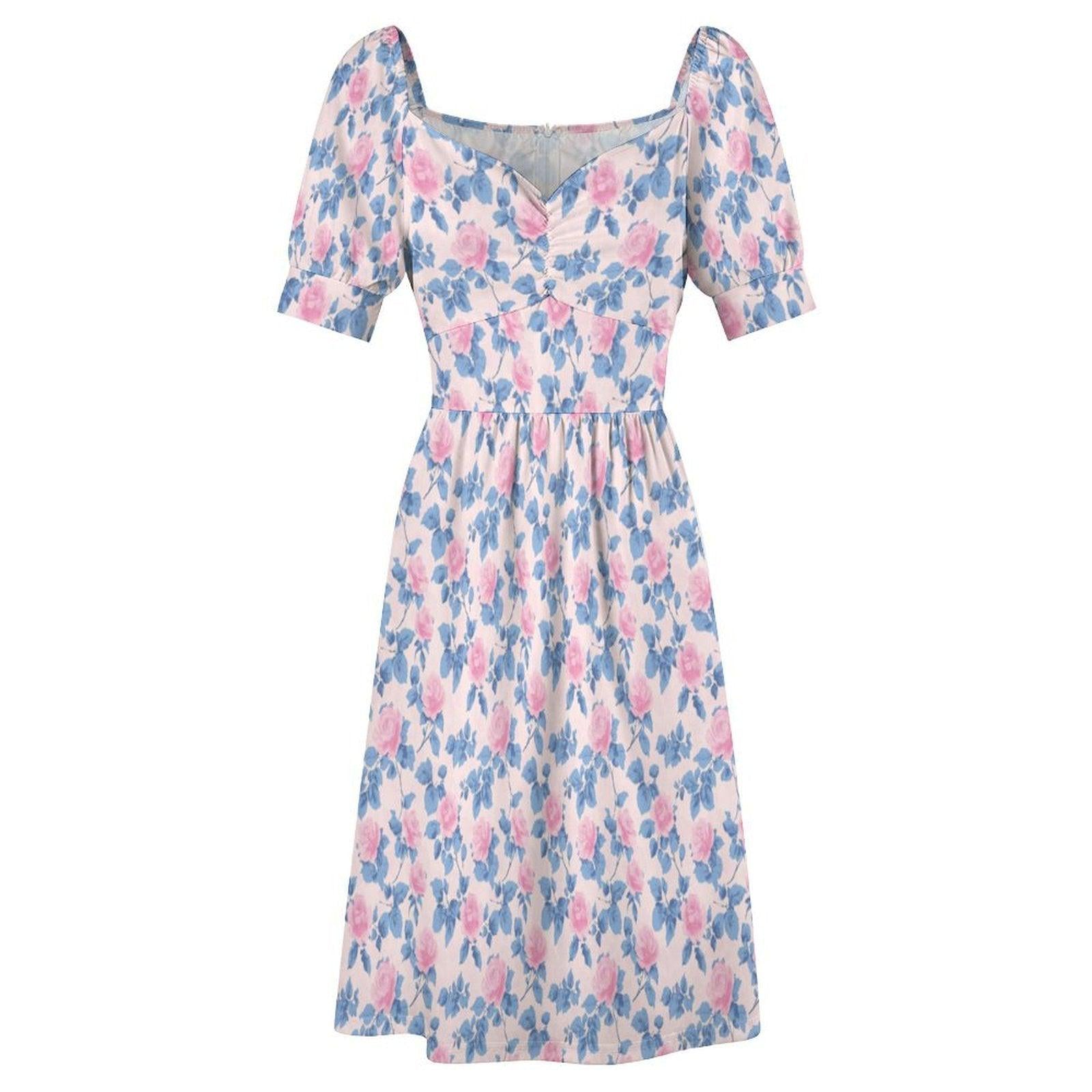 Pastel Floral Midi Dress, Puff Sleeve Sweetheart Neckline, Romantic Garden Party Outfit